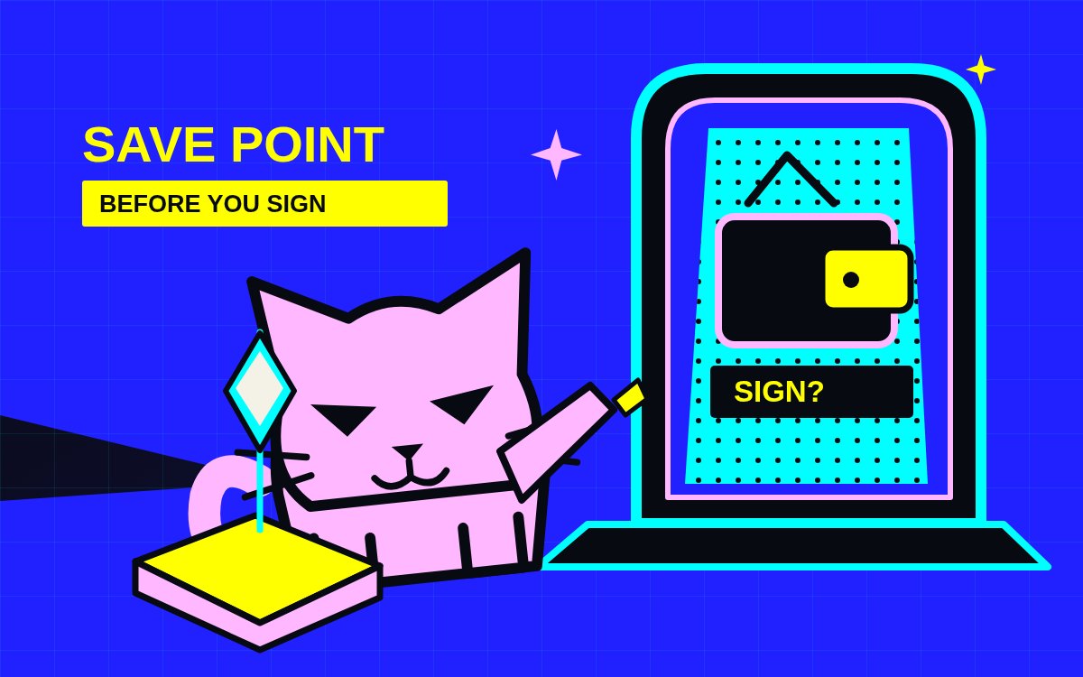 Pink gaming cat pauses at a glowing save crystal before a wallet-signature portal.