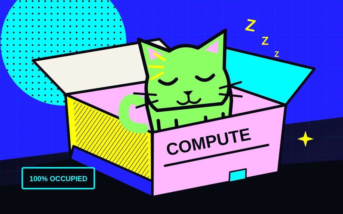 Green geometric cat sleeps inside a neon cardboard box marked COMPUTE.
